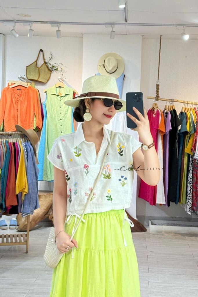 Áo Thêu hoa cổ sơ mi phối dây linen tưng premium Cói