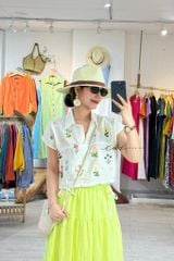 Áo Thêu hoa cổ sơ mi phối dây linen tưng premium Cói