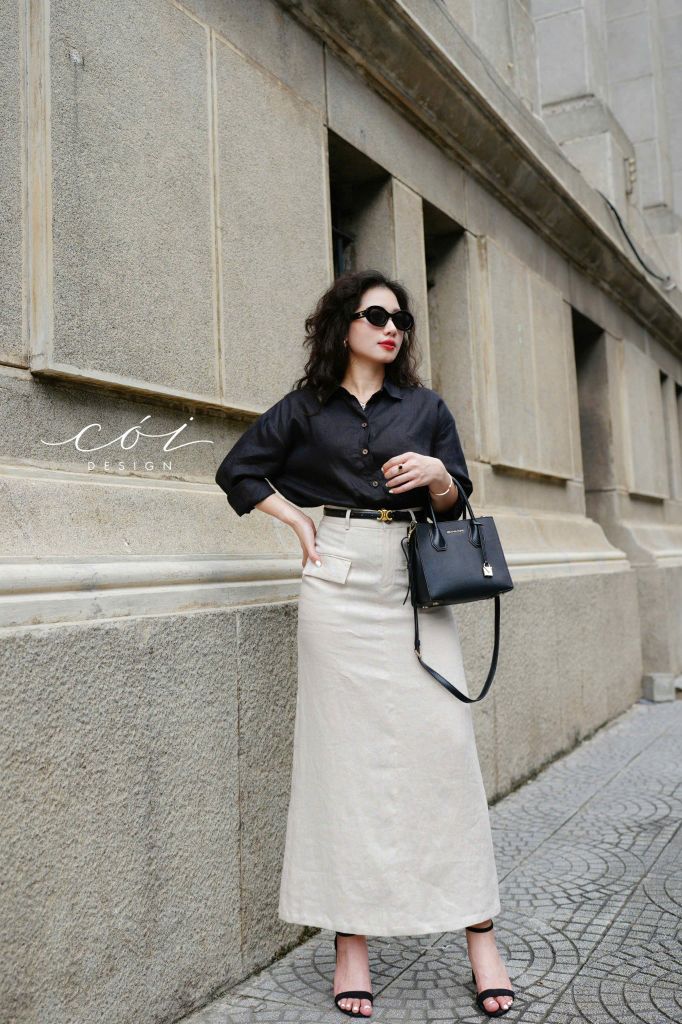Chân váy 2 nắp túi Linen tưng premium Cói Design