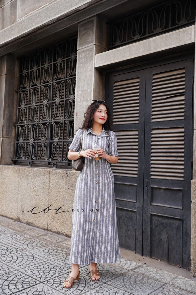 Đầm Sơ Mi Sọc Tay Ngắn Linen Hàn Cói Design