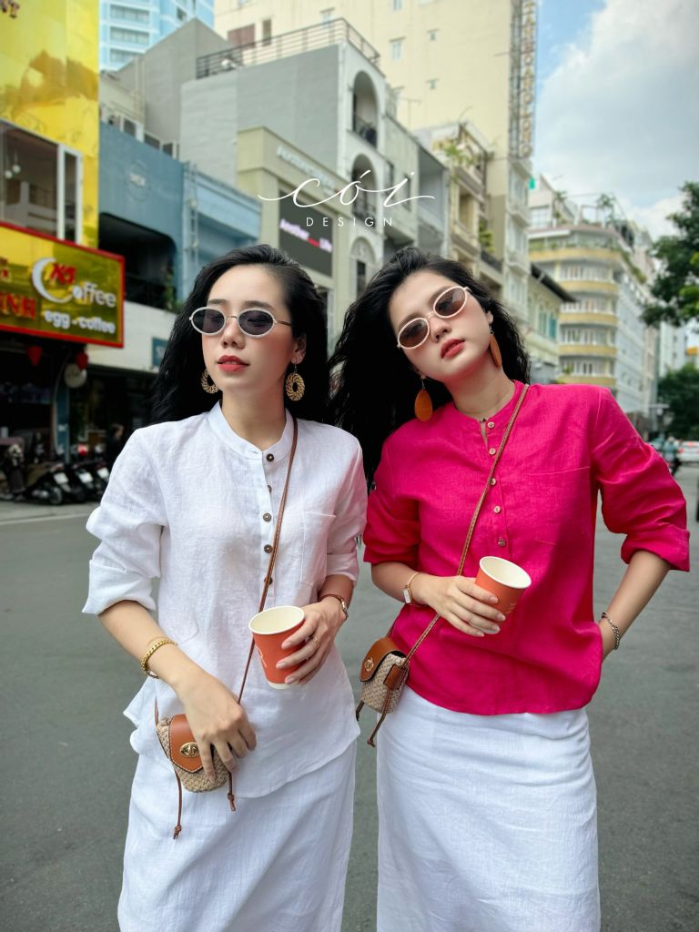 Áo cổ trụ lệch vạt tay dài Linen tưng premium Cói Design