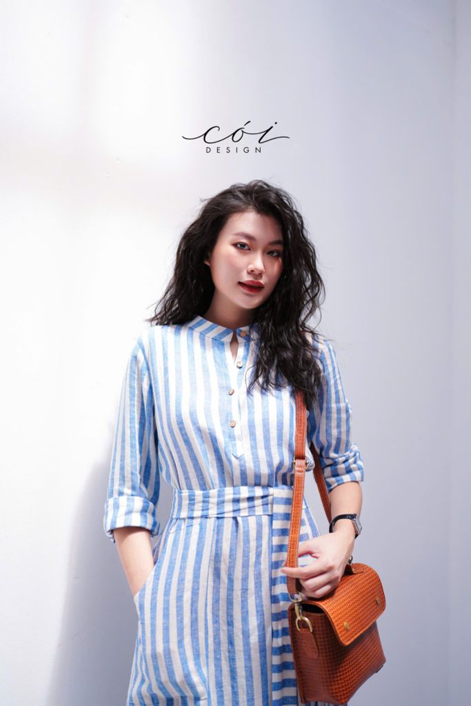Đầm cổ trụ tay dài kèm belt Linen Hàn Cói Design