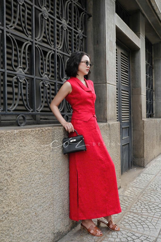 Áo gile cổ cánh én Linen tưng premium Cói Design