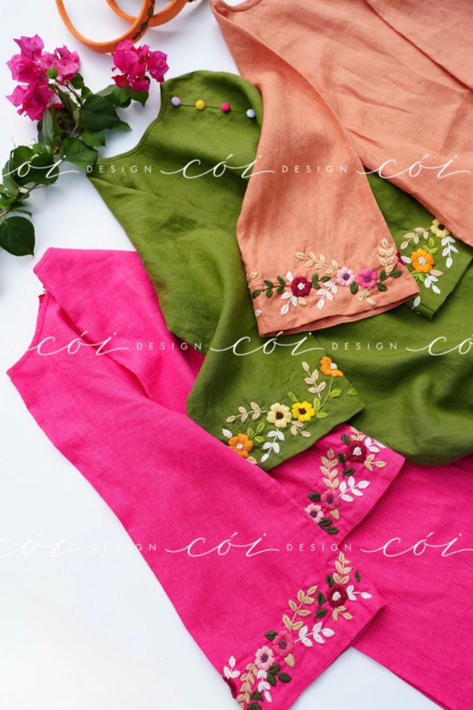 Set áo dài thêu tay Song Hoa Linen kèm quần suông Cói Design