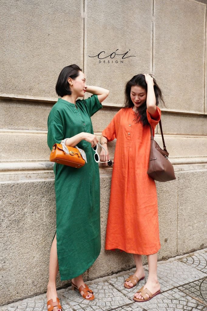 Đầm cổ trụ tay ngắn Linen tưng premium Cói Design