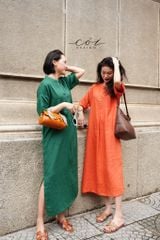 Đầm cổ trụ tay ngắn Linen tưng premium Cói Design