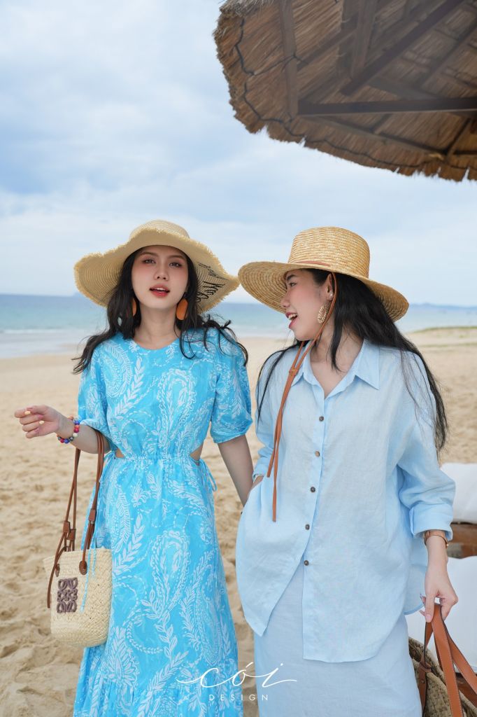 Đầm khoét eo tay phồng Linen tưng premium Cói Design