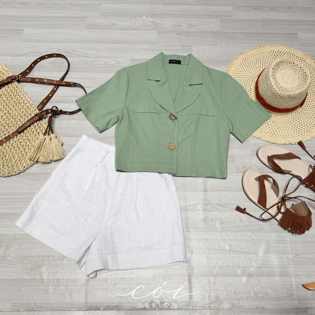 Áo croptop linen hàn 1 túi Cói Design