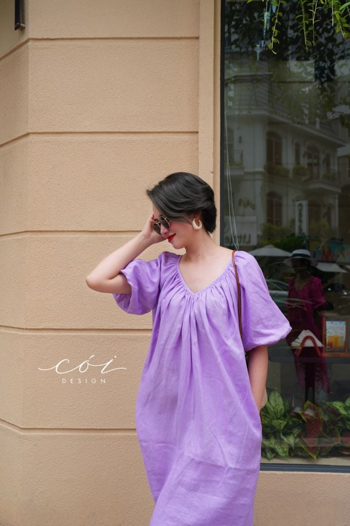 Đầm suông tay bí kèm belt linen tưng Cói Design