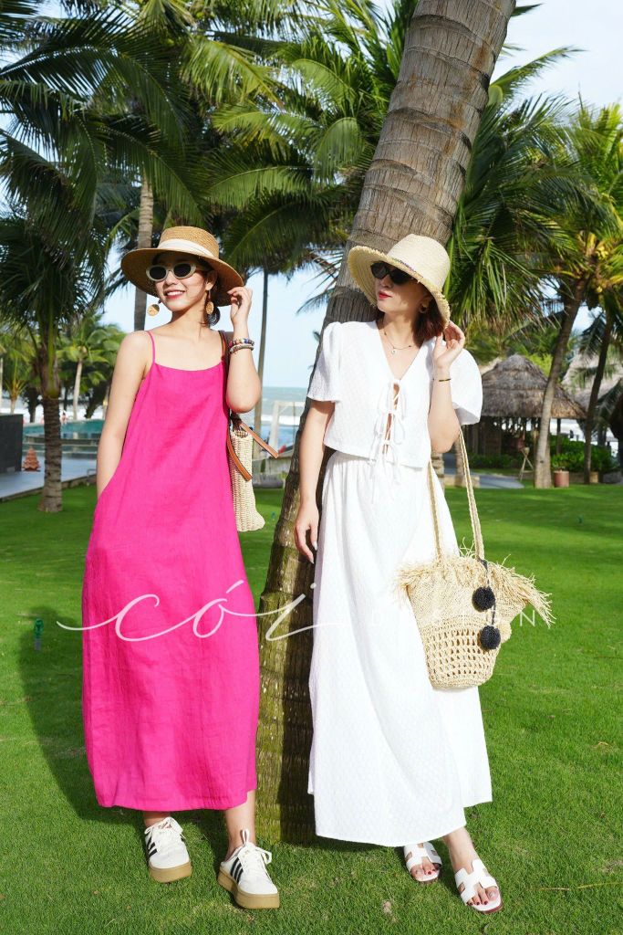 Đầm 2 dây nút dừa Linen tưng premium Cói Design