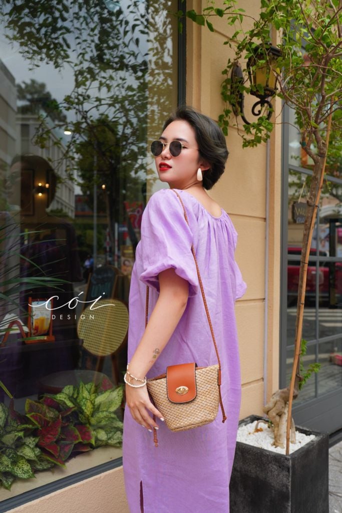 Đầm suông tay bí kèm belt linen tưng Cói Design