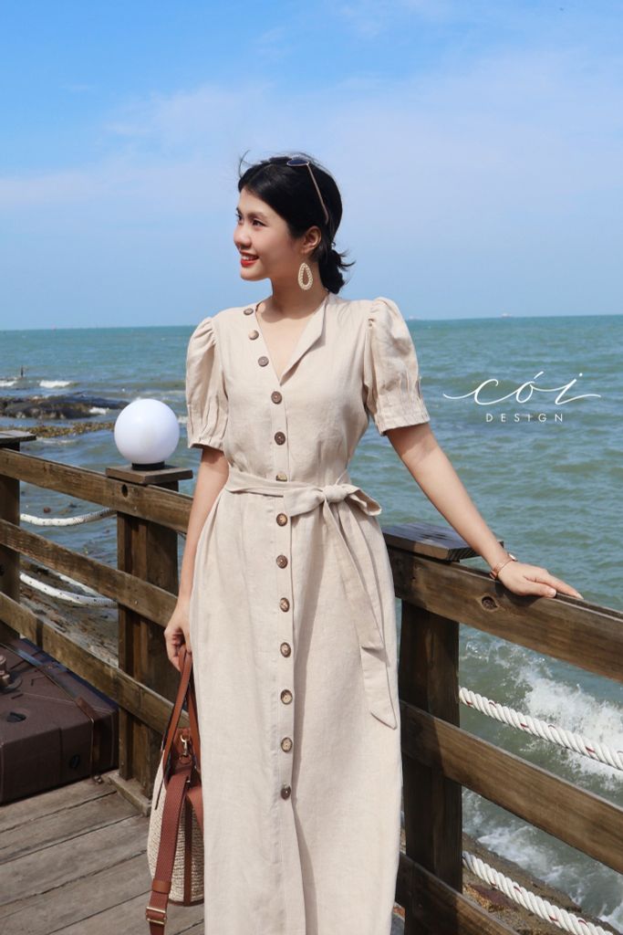 Đầm suông tay xếp nhún kèm belt linen tưng Cói Design