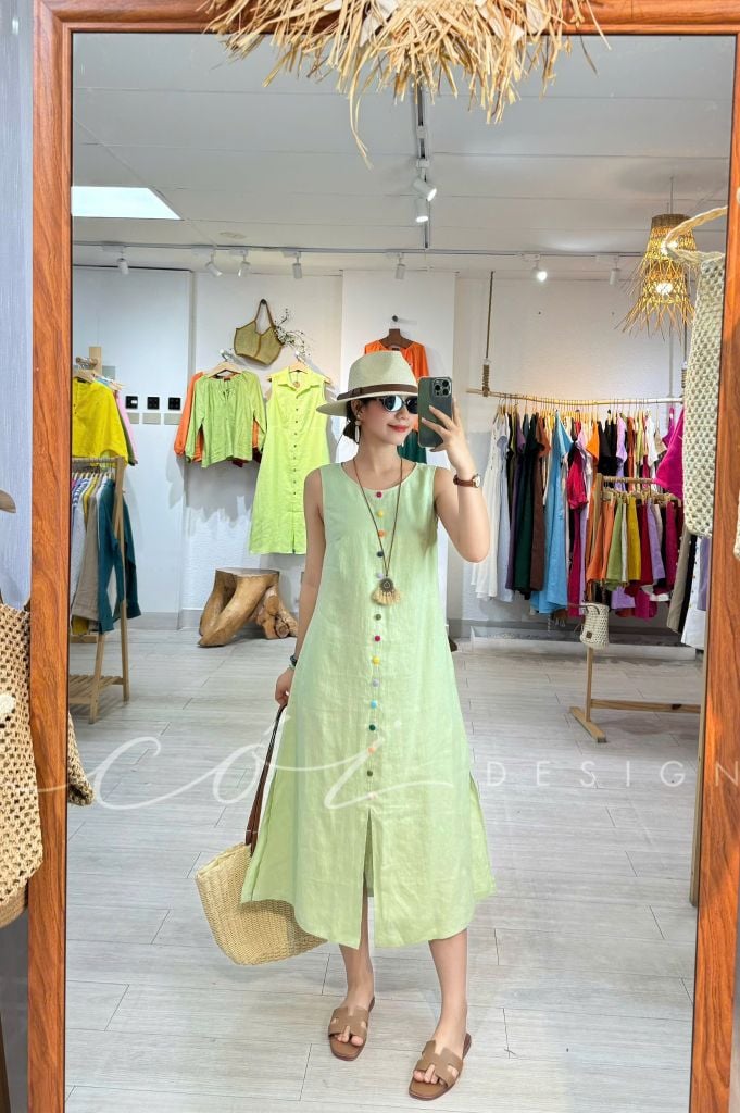 Đầm xẻ tà nút bọc màu Linen tưng Cói Design
