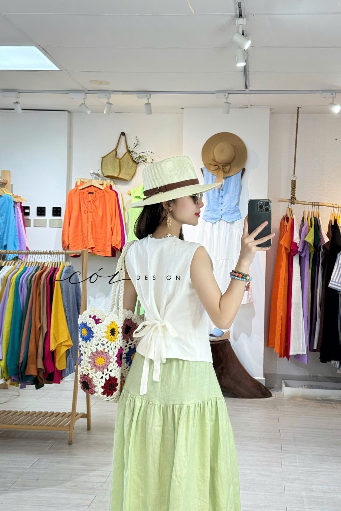 Chân váy nút dừa lưng thun linen tưng premium Cói Design