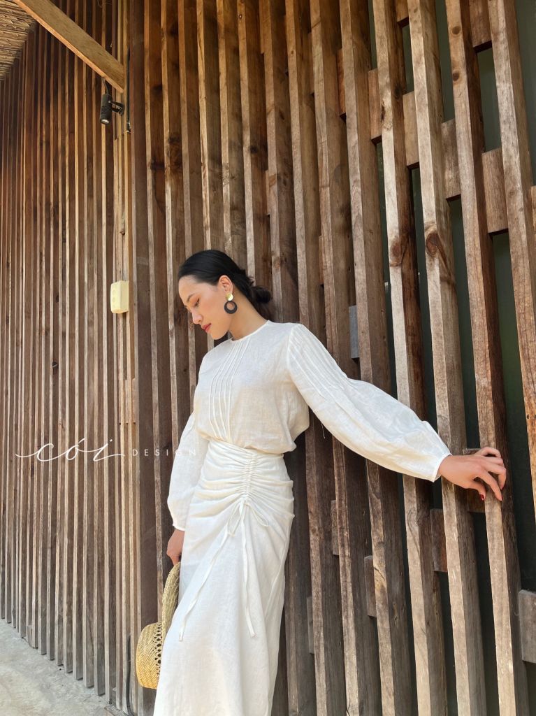Chân váy rút dây linen tưng premium Cói Design