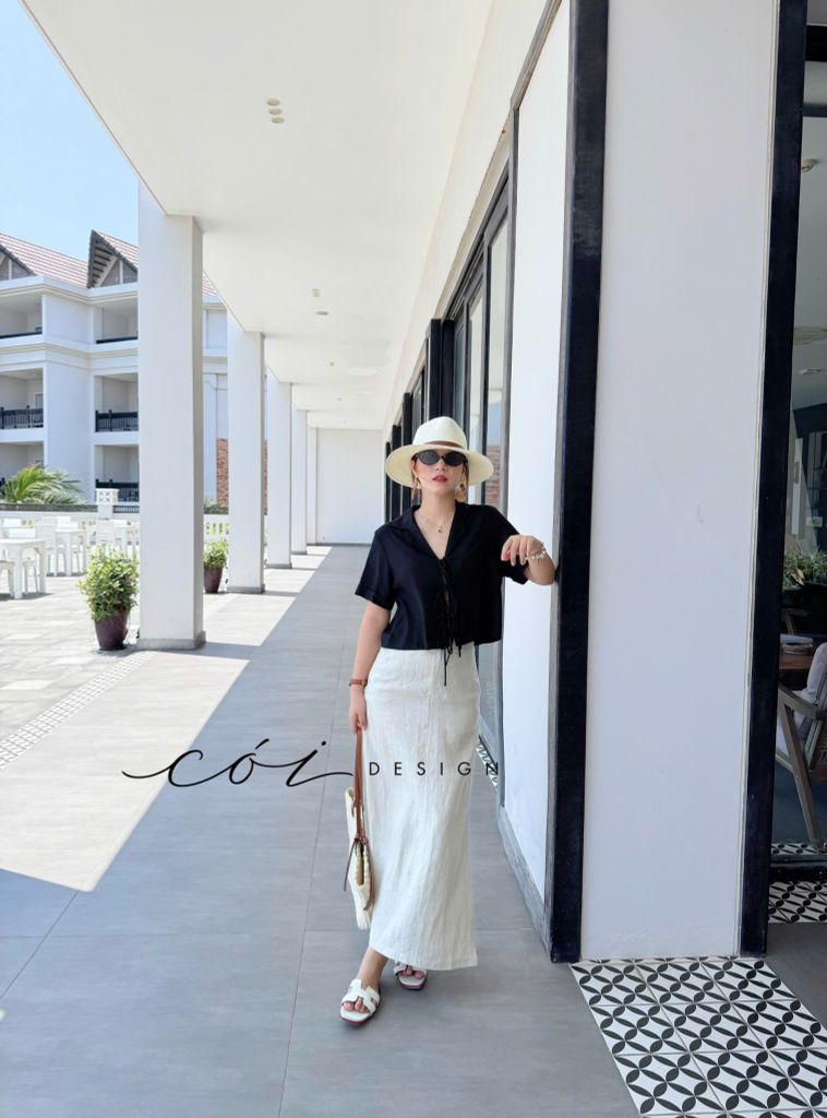 Áo danton thắt nơ linen tưng premium Cói Design