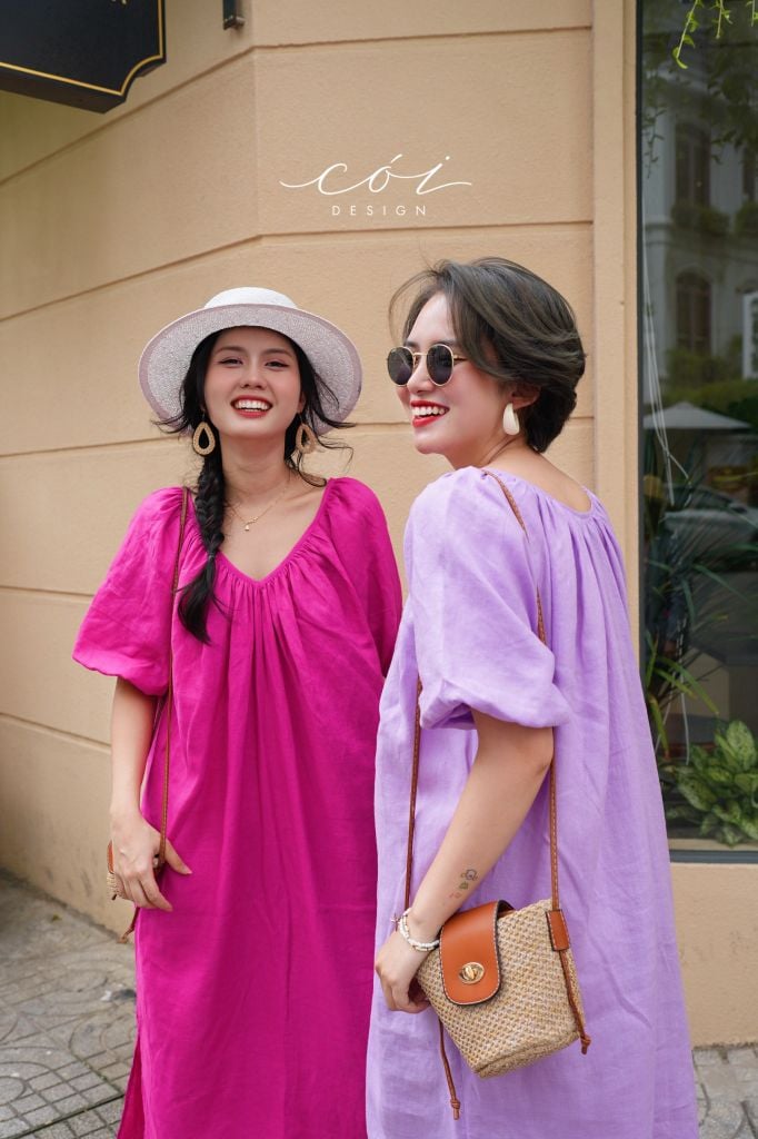 Đầm suông tay bí kèm belt linen tưng Cói Design