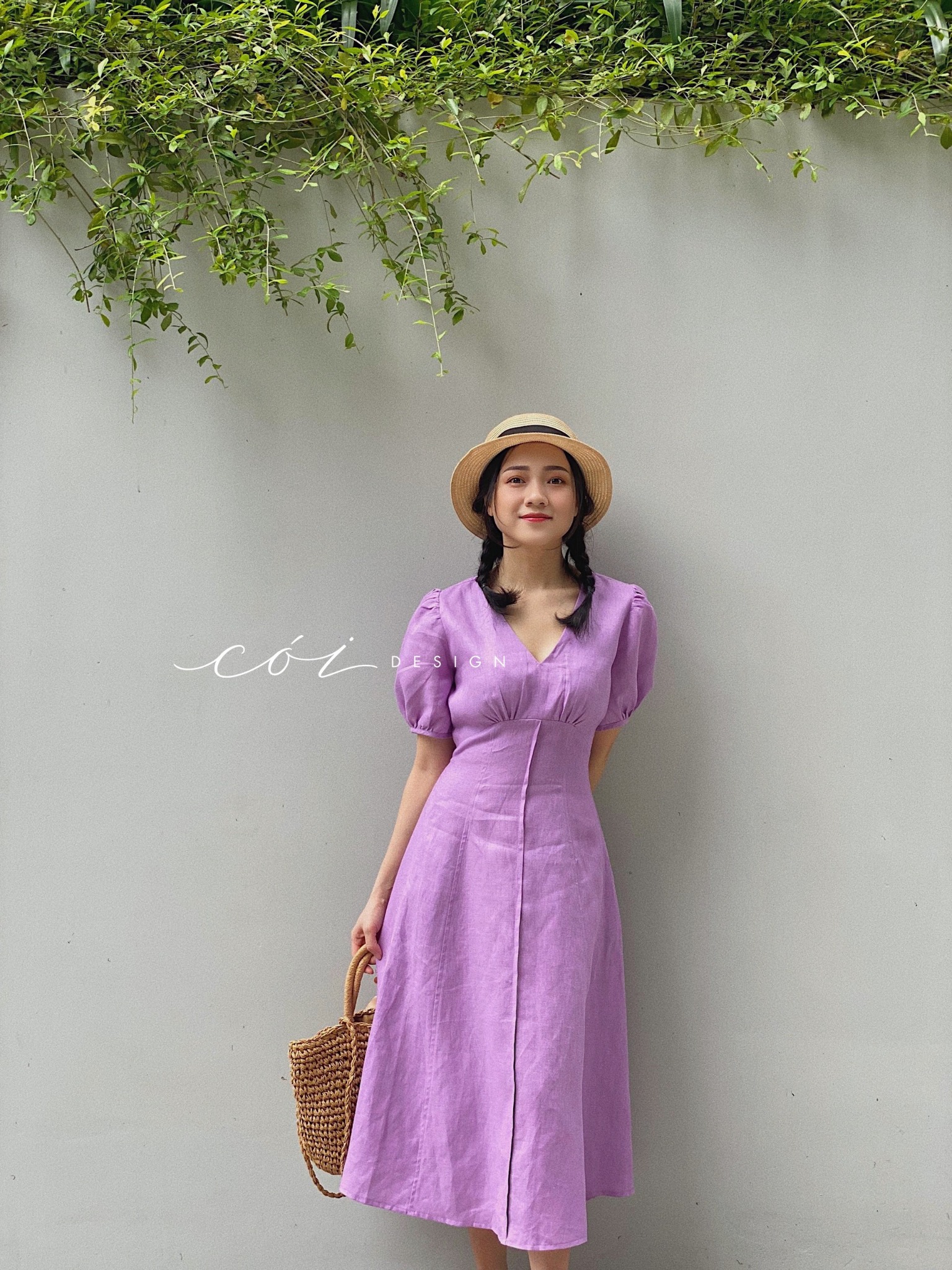 Đầm linen cổ tim tay phồng Cói Design
