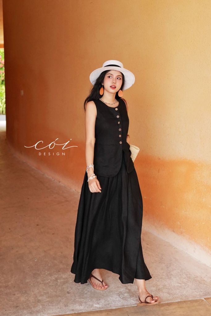 Áo gile vạt tròn 2 túi linen tưng premium Cói Design