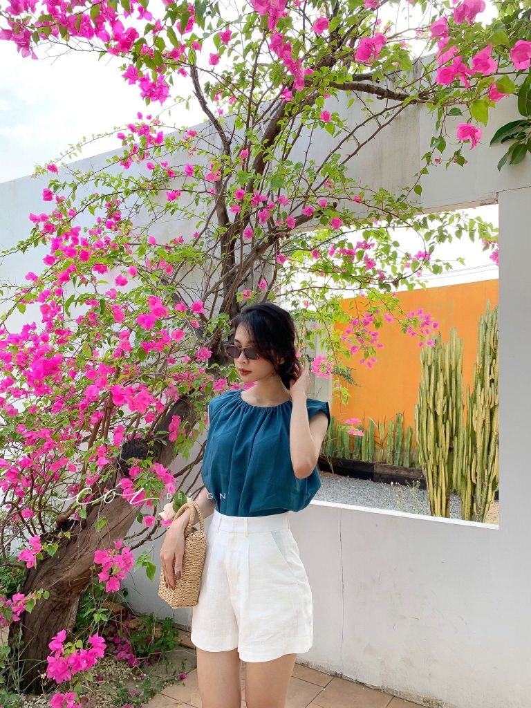 Áo cổ xếp nhún sát nách linen Cói Design