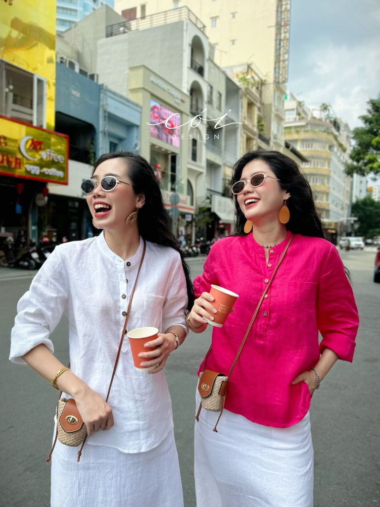 Áo cổ trụ lệch vạt tay dài Linen tưng premium Cói Design