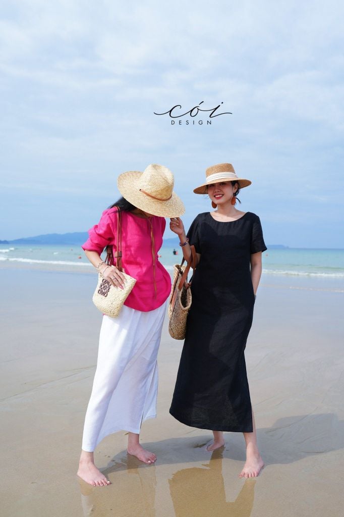 Đầm suông cổ tròn đan dây lưng Linen tưng premium Cói Design