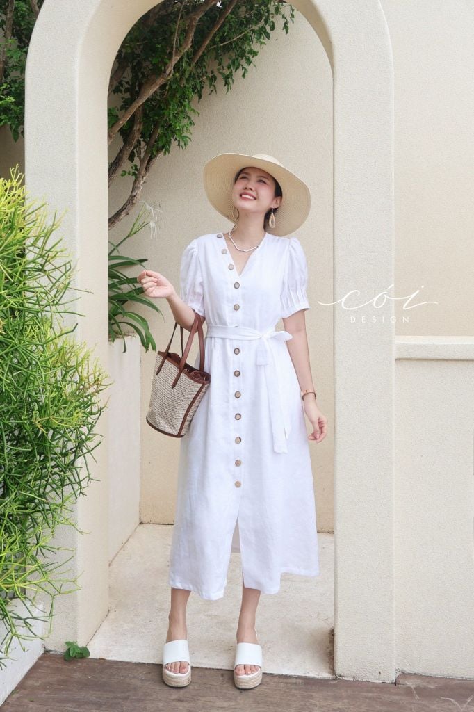 Đầm suông tay xếp nhún kèm belt Linen tưng premium Cói Design