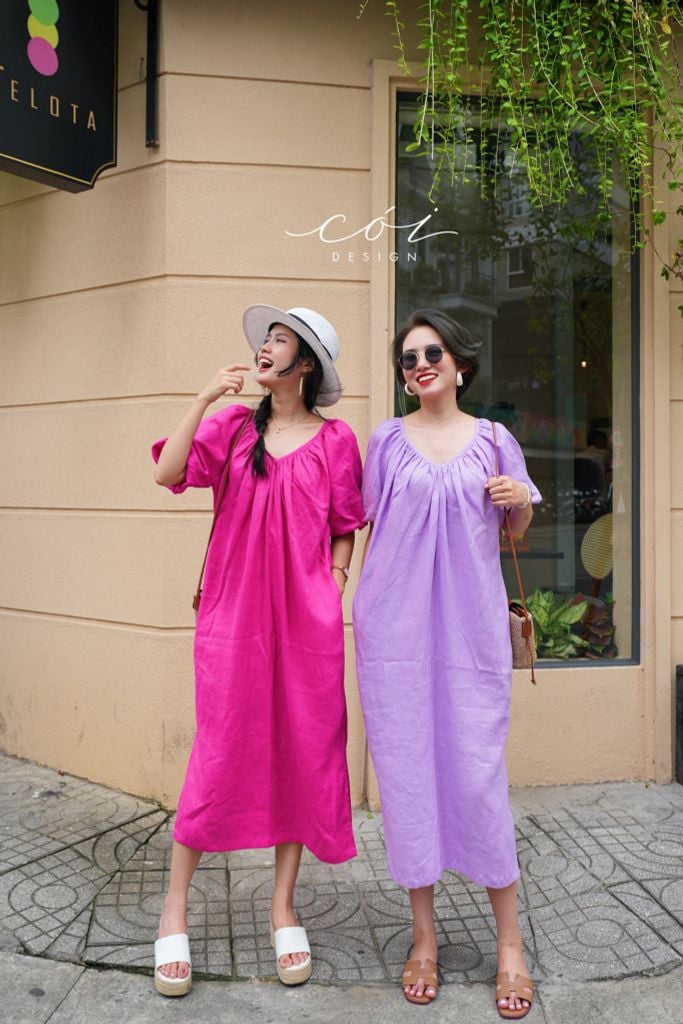 Đầm suông tay bí kèm belt linen tưng Cói Design