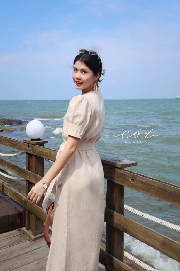 Đầm suông tay xếp nhún kèm belt Linen tưng premium Cói Design