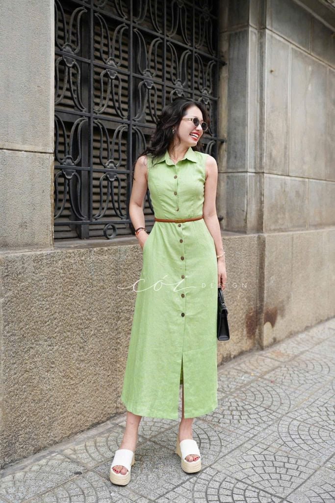 Đầm sát nách cổ sơ mi Linen tưng premium Cói Design