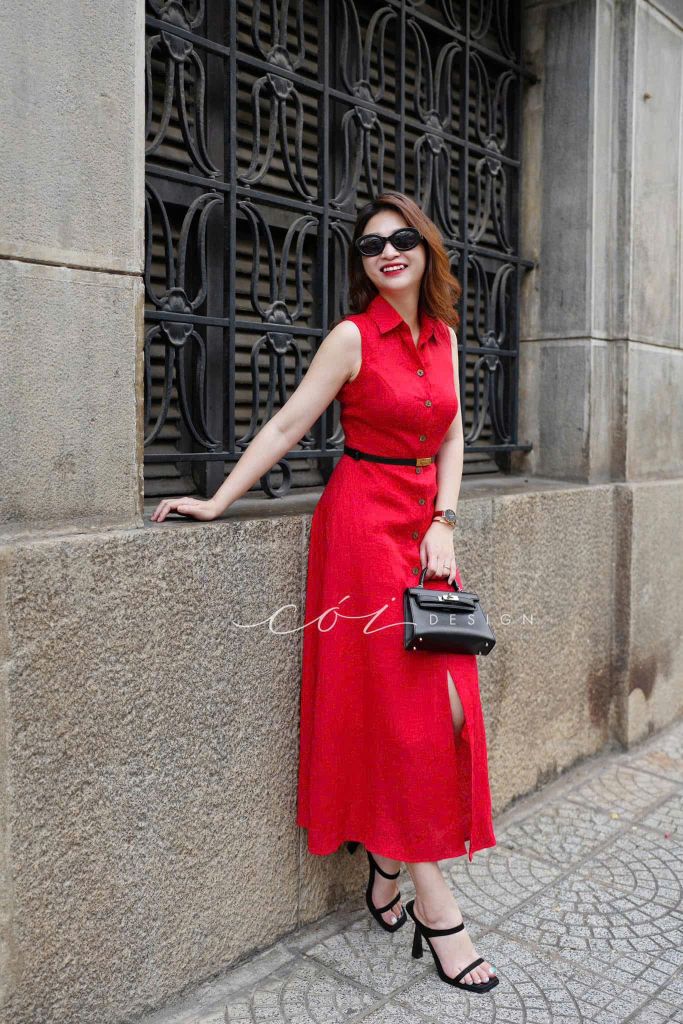 Đầm sát nách cổ sơ mi Linen tưng premium Cói Design