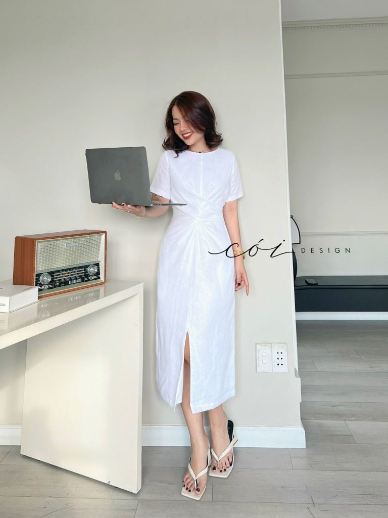 Đầm chéo eo linen tưng premium Cói Design