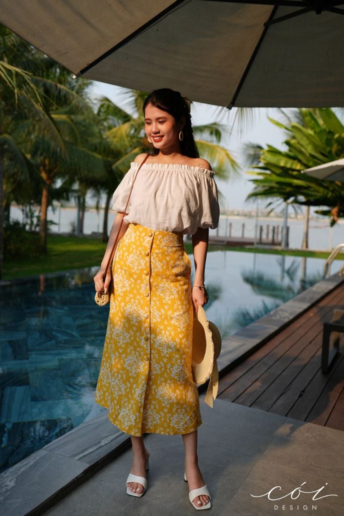 Chân váy nút bọc linen Cói Design