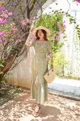 Đầm nhún ngực xẻ tà linen hàn Cói Design