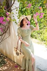 Đầm nhún ngực xẻ tà linen hàn Cói Design