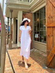 Đầm cổ trụ nút bọc Linen tưng premium Cói Design