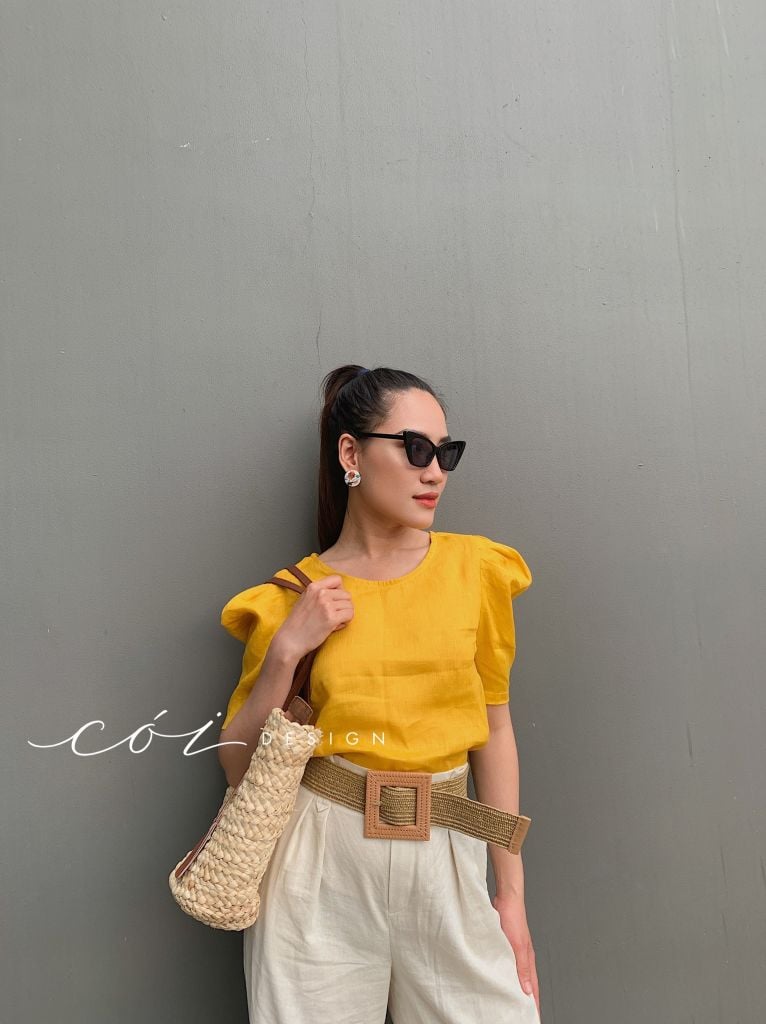 Áo cổ tròn tay phồng linen Cói Design