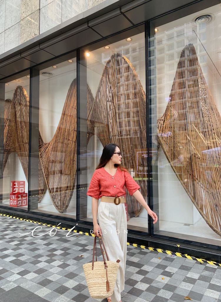 Áo cổ tim họa tiết linen Cói Design