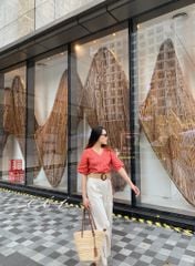 Áo cổ tim họa tiết linen Cói Design