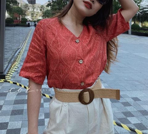 Áo cổ tim họa tiết linen Cói Design