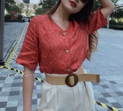 Áo cổ tim họa tiết linen Cói Design