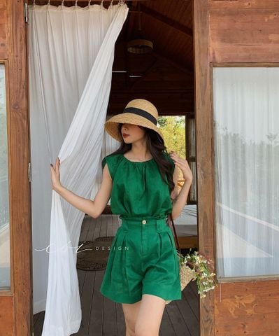 Áo cổ xếp nhún sát nách linen Cói Design
