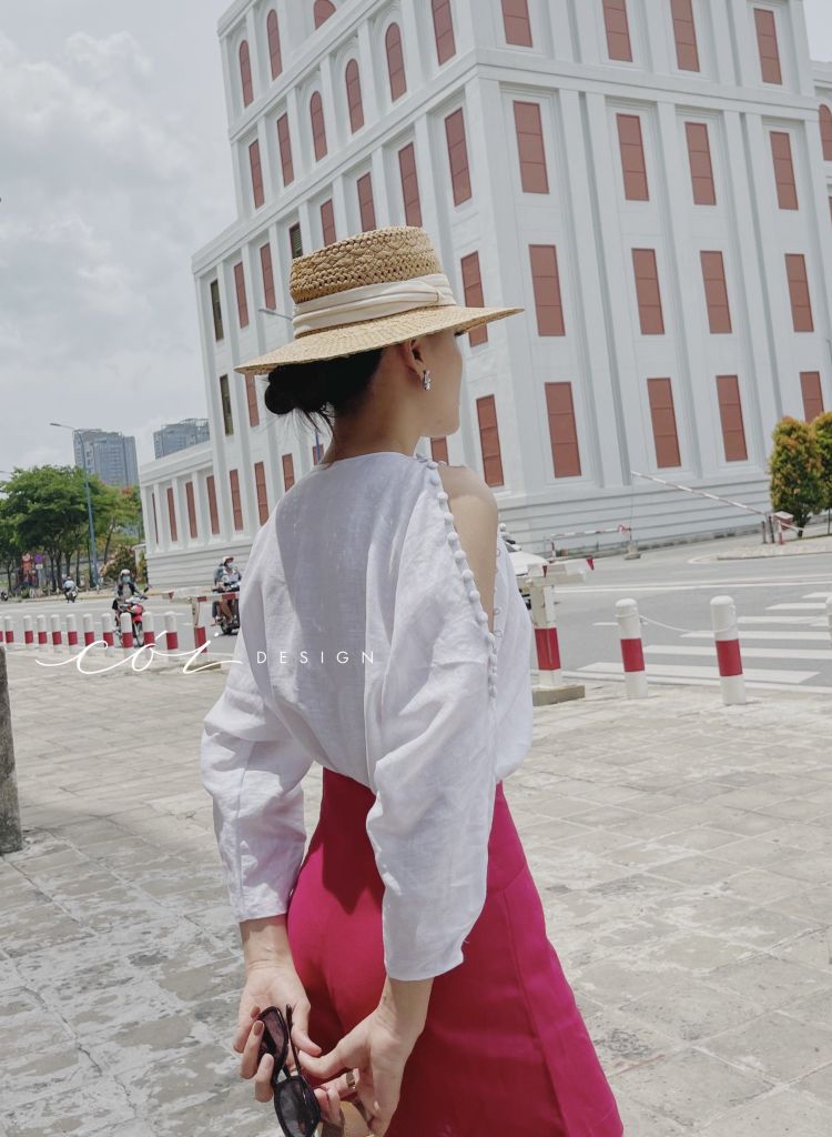 Áo nút bọc xẻ vai linen tưng premium Cói Design