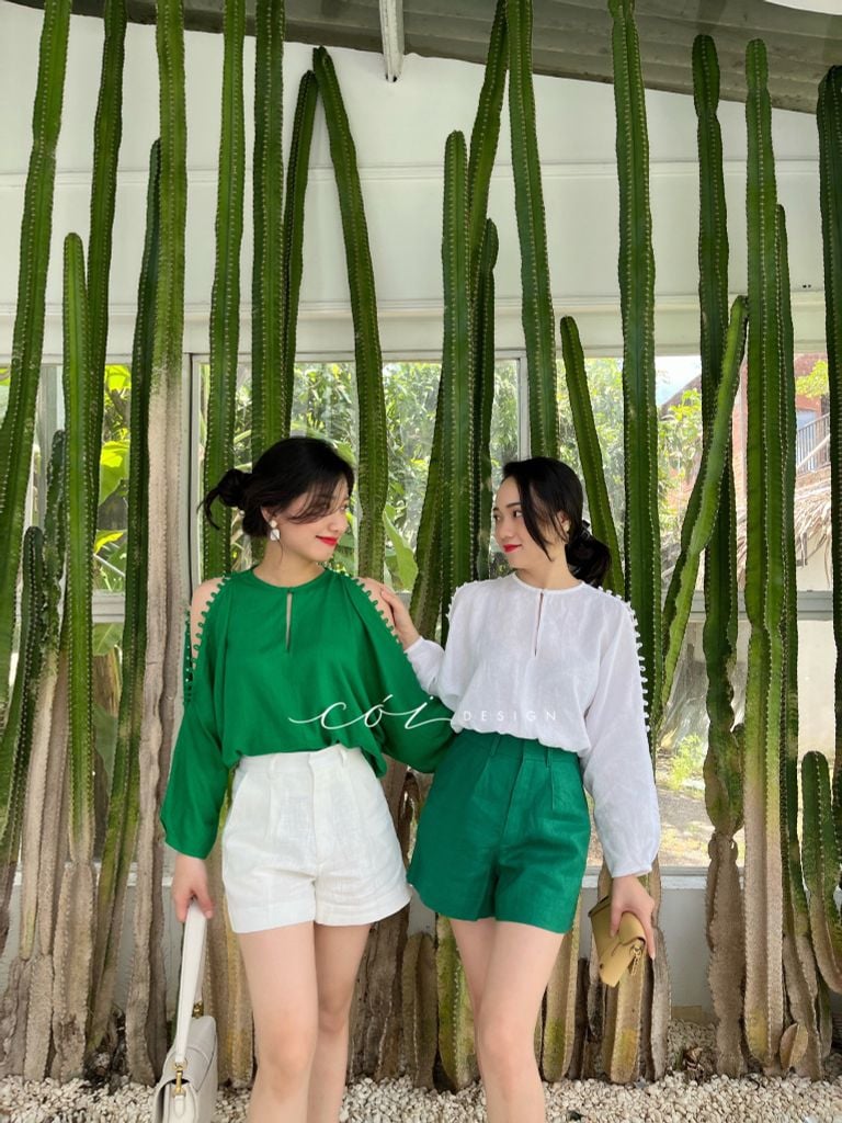 Áo nút bọc xẻ vai linen tưng premium Cói Design