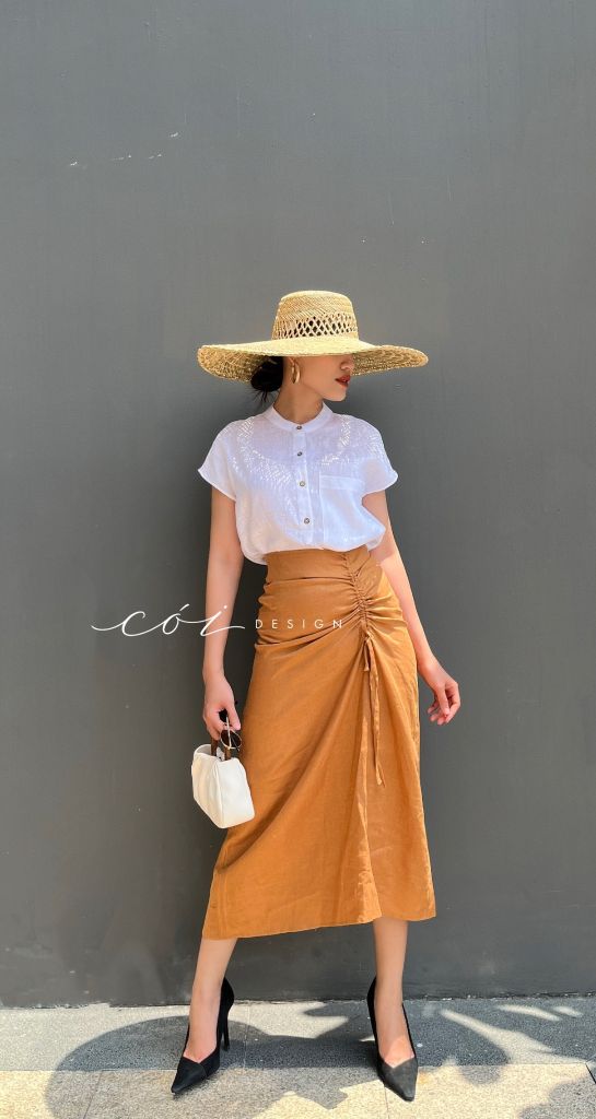 Chân váy rút dây linen tưng premium Cói Design