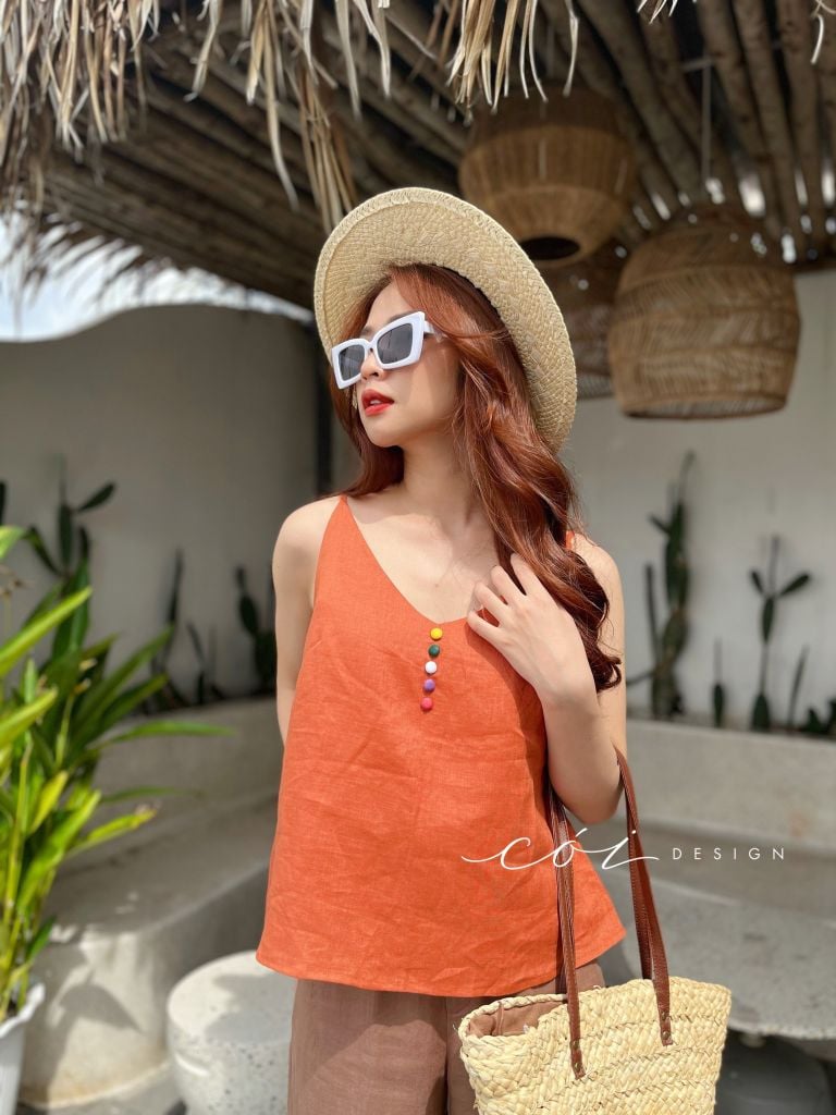 Áo 2 dây hàng nút bọc màu Linen tưng premium Cói Design