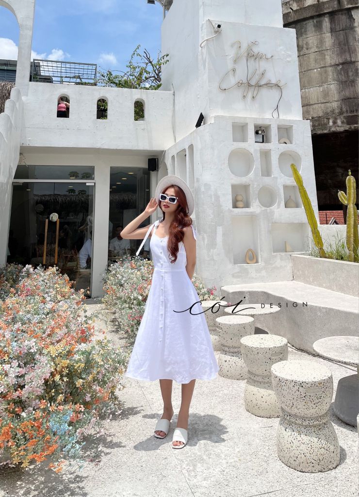 Đầm xòe 2 dây nút bọc Linen tưng premium Cói Design