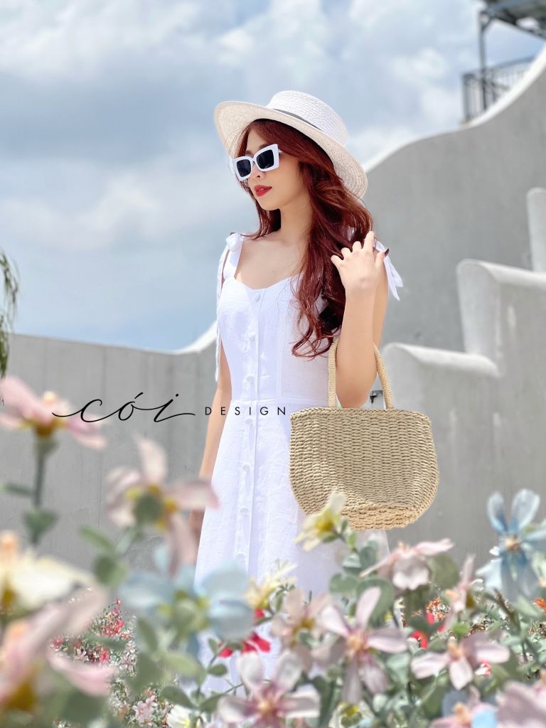 Đầm xòe 2 dây nút bọc Linen tưng premium Cói Design