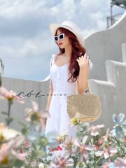 Đầm xòe 2 dây nút bọc Linen tưng premium Cói Design