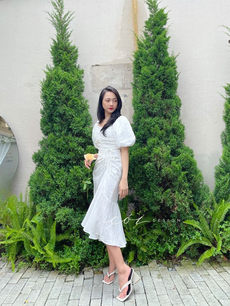 Đầm linen nhún ngực rút dây Cói Design